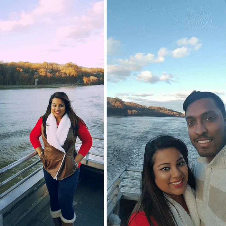Passengers posing for the camera on the top deck of the ferry